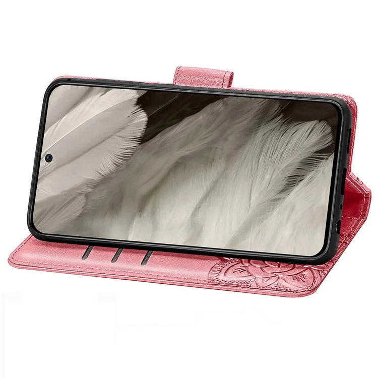 Per Google Pixel 8 Case Butterfly Flower Leather Phone Cover 3D Rhinestone Decor - Pink