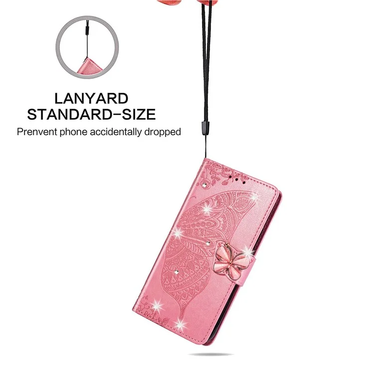 Per Google Pixel 8 Case Butterfly Flower Leather Phone Cover 3D Rhinestone Decor - Pink