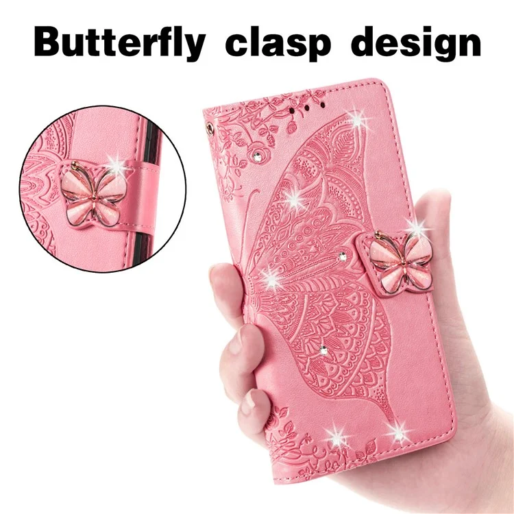 Per Google Pixel 8 Case Butterfly Flower Leather Phone Cover 3D Rhinestone Decor - Pink