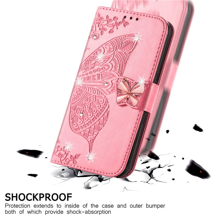 Per Google Pixel 8 Case Butterfly Flower Leather Phone Cover 3D Rhinestone Decor - Pink