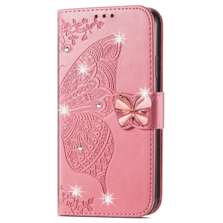 Per Google Pixel 8 Case Butterfly Flower Leather Phone Cover 3D Rhinestone Decor - Pink