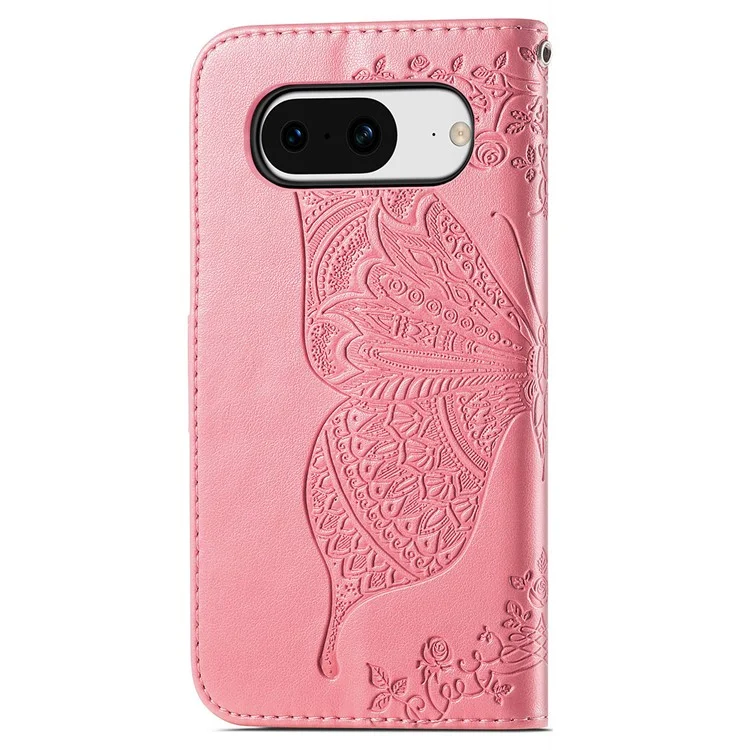 Per Google Pixel 8 Case Butterfly Flower Leather Phone Cover 3D Rhinestone Decor - Pink