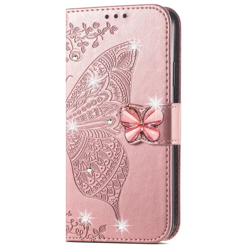 For Google Pixel 8 Case Butterfly Flower Leather Phone Cover 3D Rhinestone Decor - Rose Gold