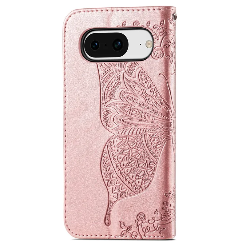 For Google Pixel 8 Case Butterfly Flower Leather Phone Cover 3D Rhinestone Decor - Rose Gold