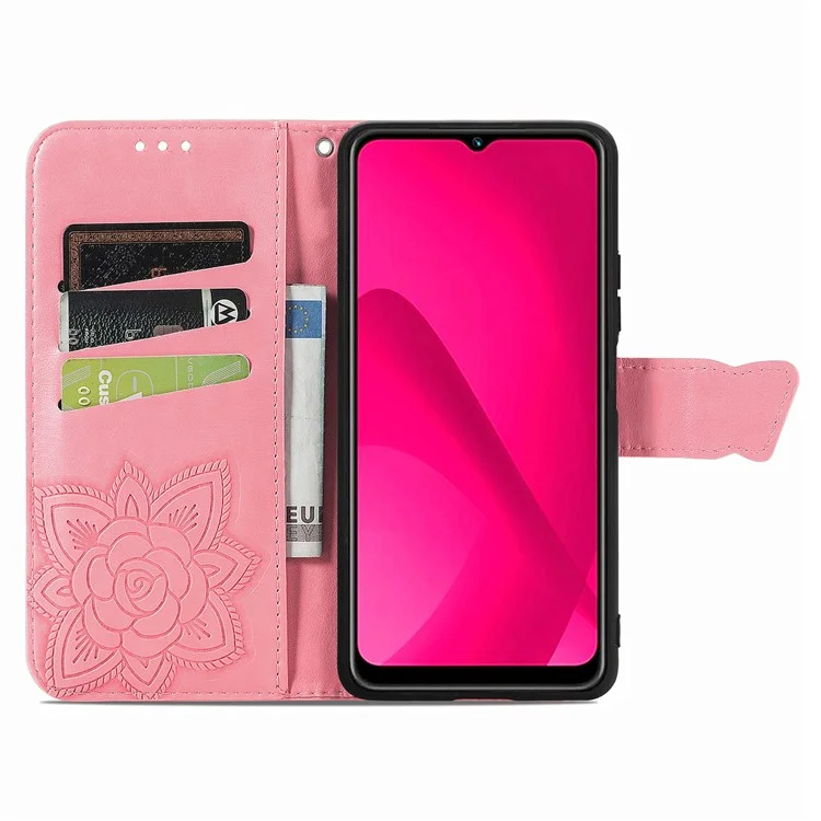 Für T-Mobile REVVL 7 Hülle Schmetterling Blume Leder Handyhülle Ständer Kreditkartenhalter - Pink
