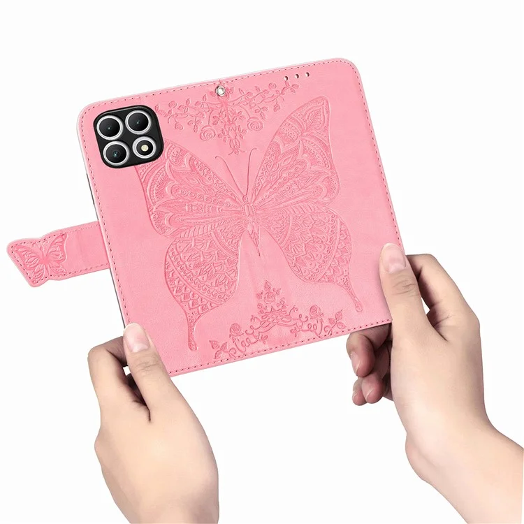 Für T-Mobile REVVL 7 Hülle Schmetterling Blume Leder Handyhülle Ständer Kreditkartenhalter - Pink