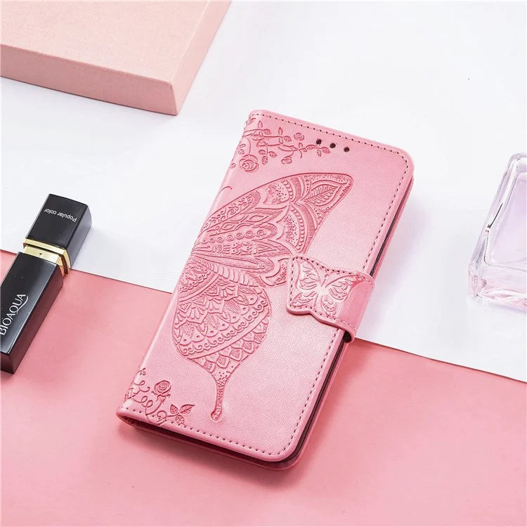 Für T-Mobile REVVL 7 Hülle Schmetterling Blume Leder Handyhülle Ständer Kreditkartenhalter - Pink