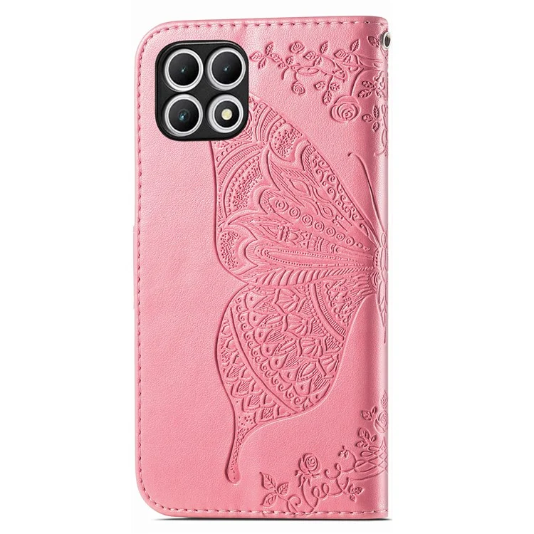 Für T-Mobile REVVL 7 Hülle Schmetterling Blume Leder Handyhülle Ständer Kreditkartenhalter - Pink