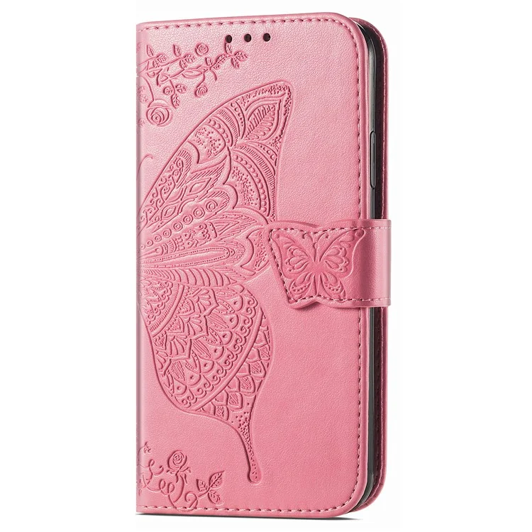 Für T-Mobile REVVL 7 Hülle Schmetterling Blume Leder Handyhülle Ständer Kreditkartenhalter - Pink