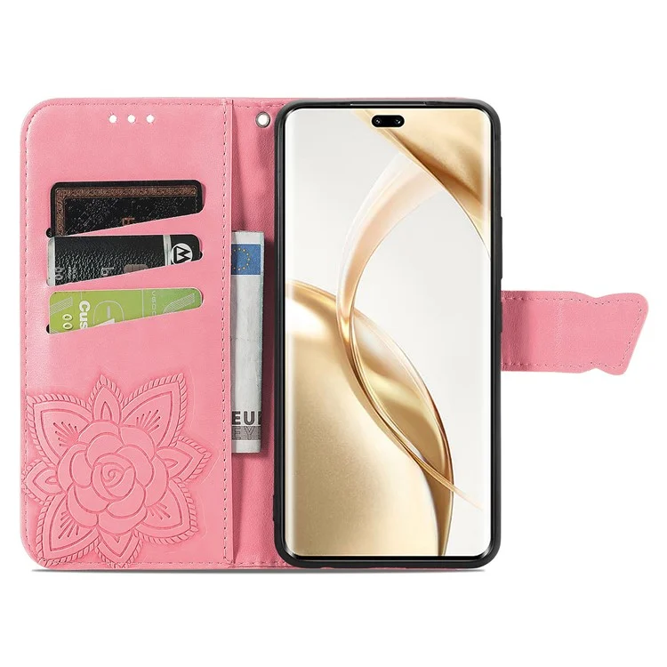 For Honor 200 Pro 5G Case Wallet PU Leder Handyhülle Bedruckt Schmetterling Blume - Pink