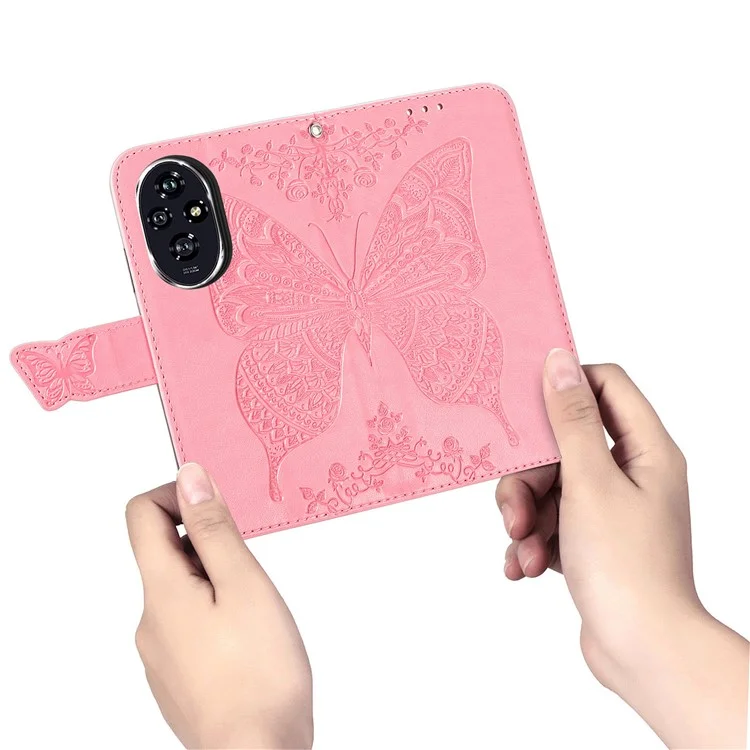 For Honor 200 Pro 5G Case Wallet PU Leder Handyhülle Bedruckt Schmetterling Blume - Pink