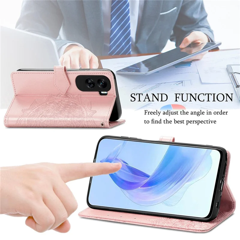 For Honor 90 Lite 5G Case Embossed Mandala Leather Phone Cover Magnetic Flip Wallet - Rose Gold
