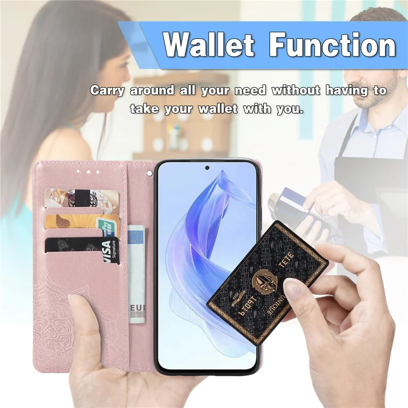 For Honor 90 Lite 5G Case Embossed Mandala Leather Phone Cover Magnetic Flip Wallet - Rose Gold