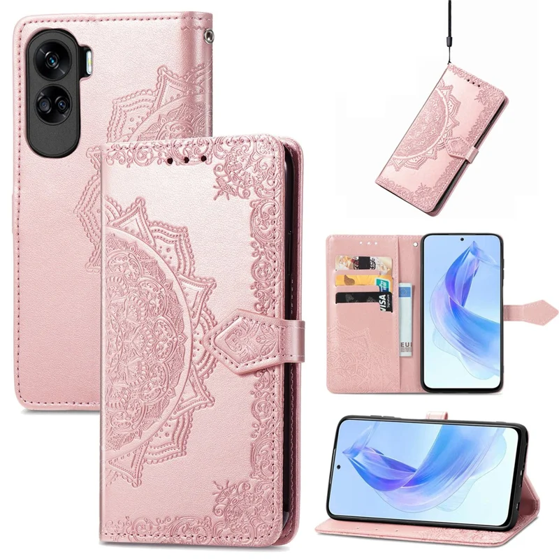 For Honor 90 Lite 5G Case Embossed Mandala Leather Phone Cover Magnetic Flip Wallet - Rose Gold