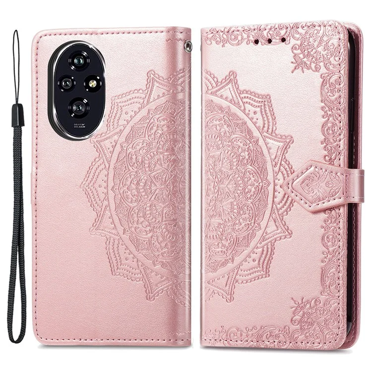 For Honor 200 5G Case PU Leather Flip Phone Cover Embossed Mandala Pattern Flower - Rose Gold