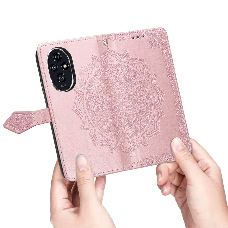 For Honor 200 5G Case PU Leather Flip Phone Cover Embossed Mandala Pattern Flower - Rose Gold