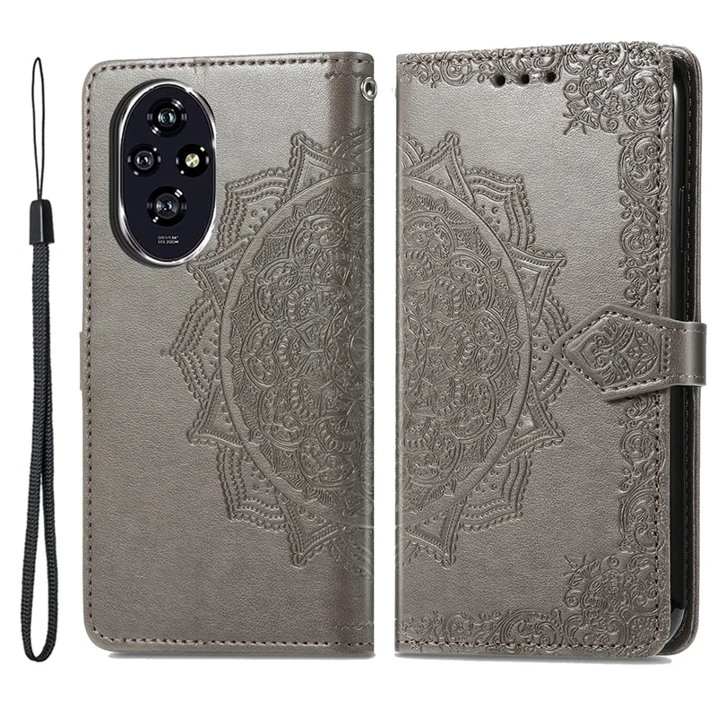 For Honor 200 Pro 5G Case Embossed Mandala Leather Phone Cover Magnetic Flip Wallet - Grey