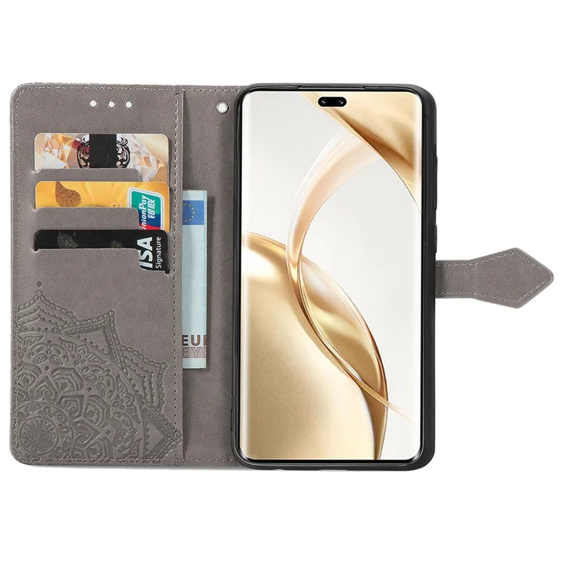 For Honor 200 Pro 5G Case Embossed Mandala Leather Phone Cover Magnetic Flip Wallet - Grey