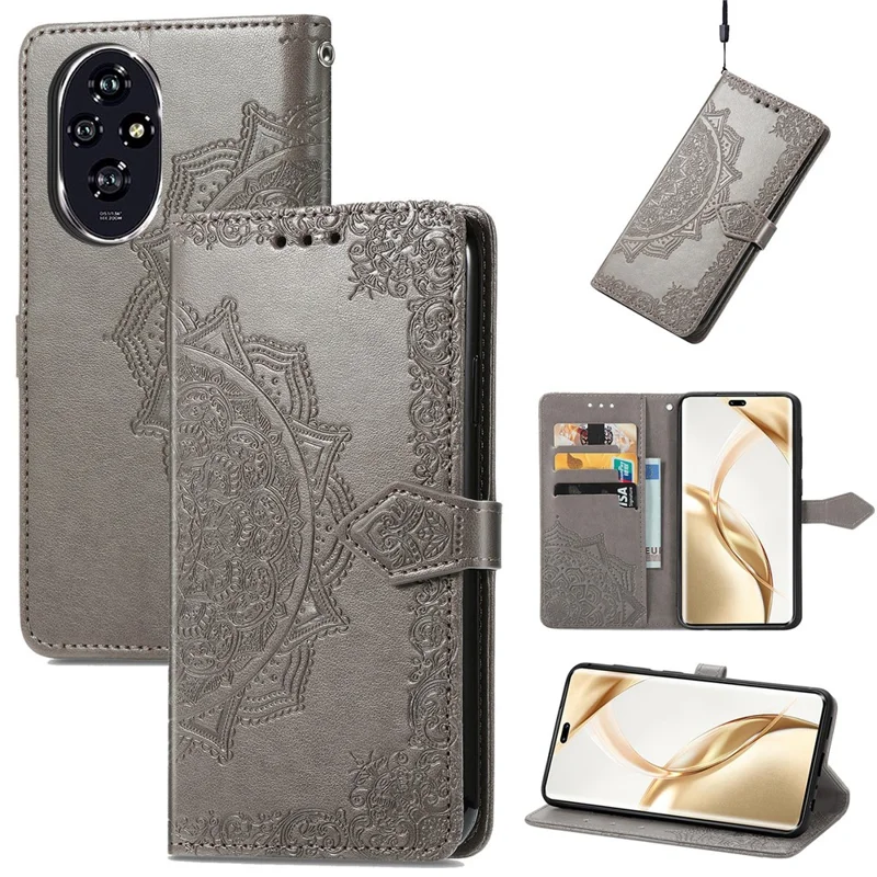For Honor 200 Pro 5G Case Embossed Mandala Leather Phone Cover Magnetic Flip Wallet - Grey