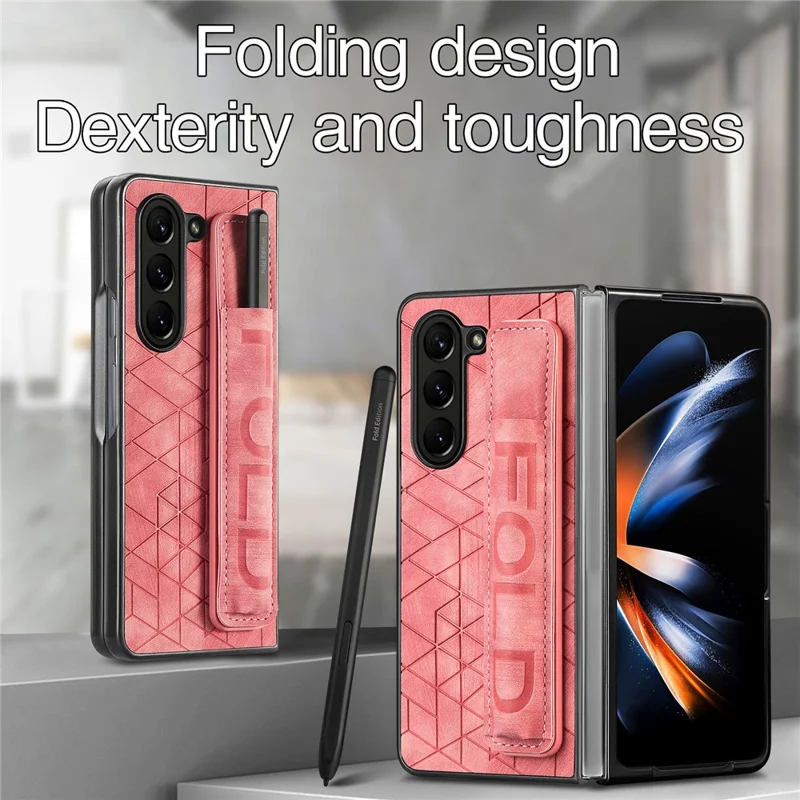 For Samsung Galaxy Z Fold6 5G Case Wrist Band Leather+PC Cover with Pen Slot - Pink