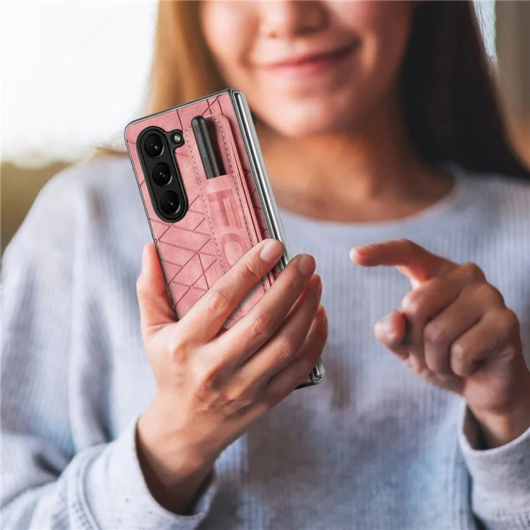 For Samsung Galaxy Z Fold6 5G Case Wrist Band Leather+PC Cover with Pen Slot - Pink