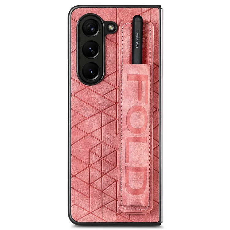 For Samsung Galaxy Z Fold6 5G Case Wrist Band Leather+PC Cover with Pen Slot - Pink