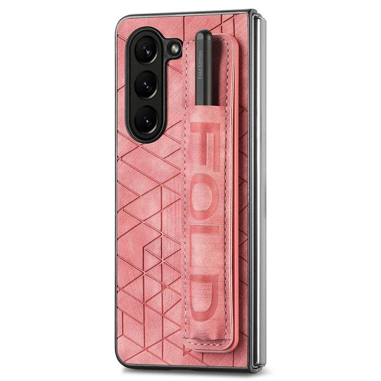 For Samsung Galaxy Z Fold6 5G Case Wrist Band Leather+PC Cover with Pen Slot - Pink