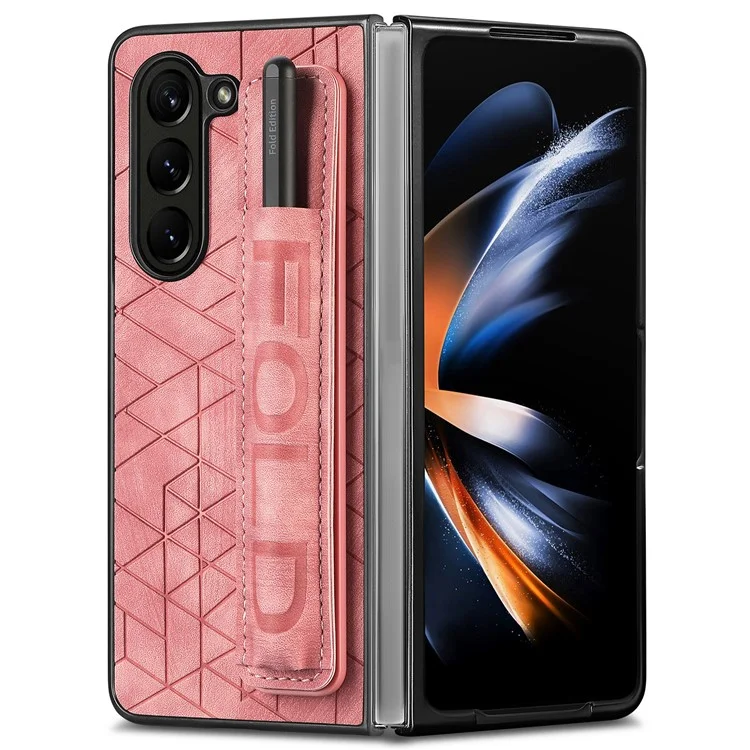 For Samsung Galaxy Z Fold6 5G Case Wrist Band Leather+PC Cover with Pen Slot - Pink