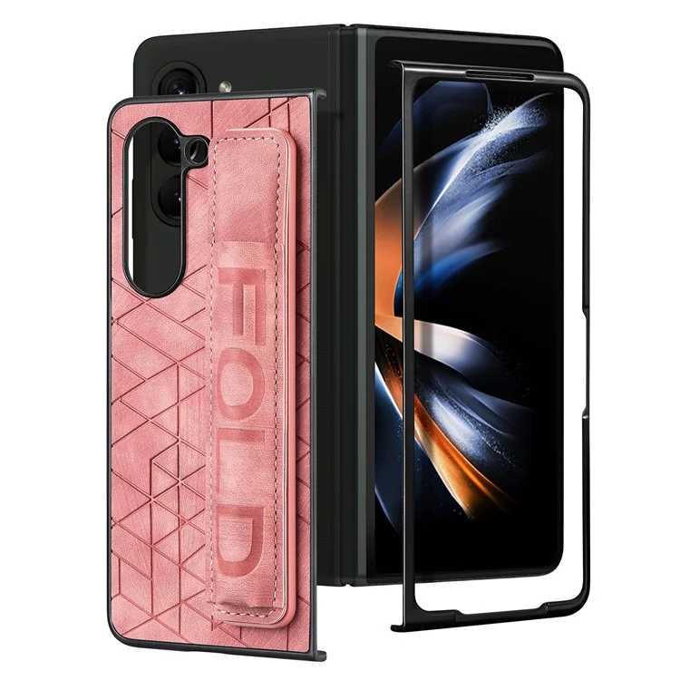 For Samsung Galaxy Z Fold6 5G Case Wrist Band Leather+PC Cover with Pen Slot - Pink