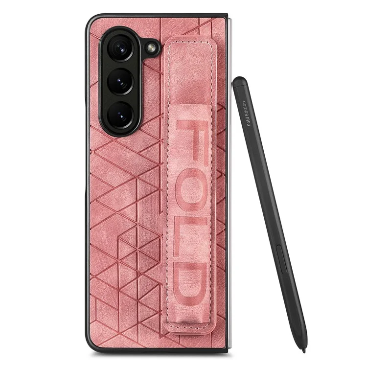 For Samsung Galaxy Z Fold6 5G Case Wrist Band Leather+PC Cover with Pen Slot - Pink