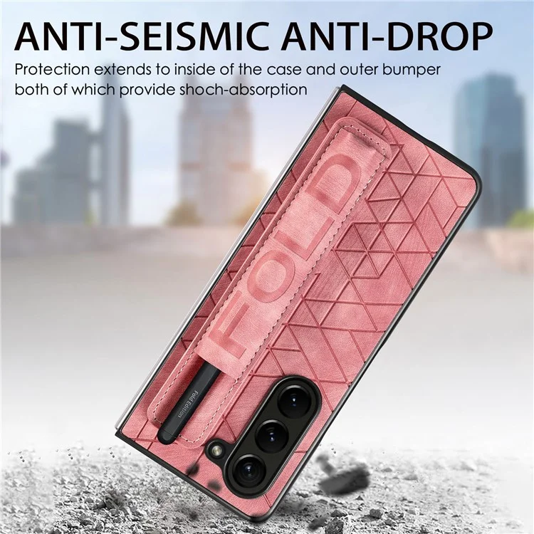 For Samsung Galaxy Z Fold6 5G Case Wrist Band Leather+PC Cover with Pen Slot - Pink