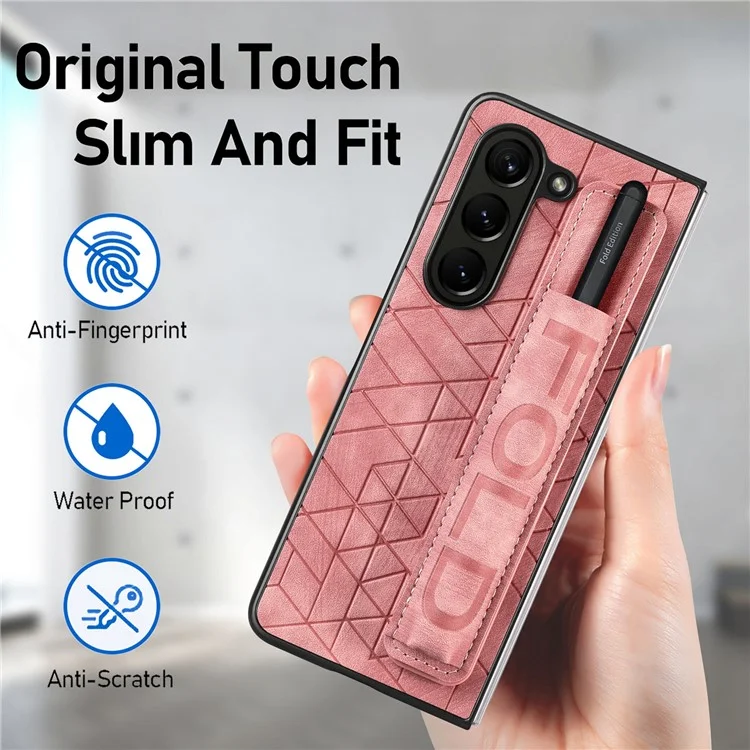 For Samsung Galaxy Z Fold6 5G Case Wrist Band Leather+PC Cover with Pen Slot - Pink
