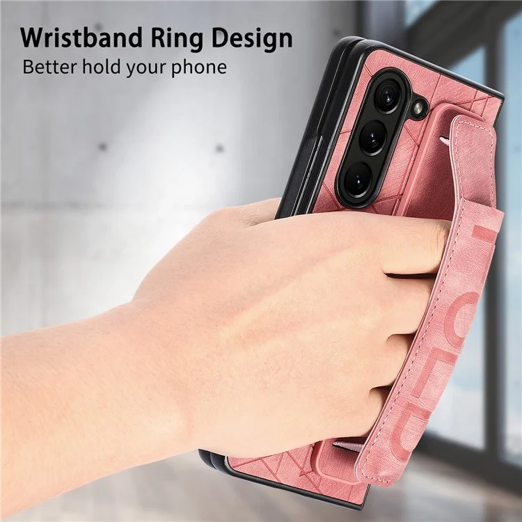 For Samsung Galaxy Z Fold6 5G Case Wrist Band Leather+PC Cover with Pen Slot - Pink
