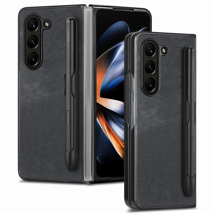 For Samsung Galaxy Z Fold6 5G Case Retro PU Leather+PC Cover with Pen Slot - Black