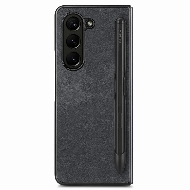 For Samsung Galaxy Z Fold6 5G Case Retro PU Leather+PC Cover with Pen Slot - Black