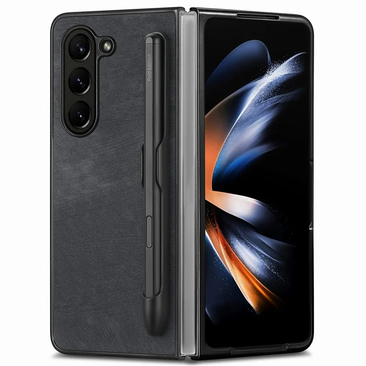 For Samsung Galaxy Z Fold6 5G Case Retro PU Leather+PC Cover with Pen Slot - Black