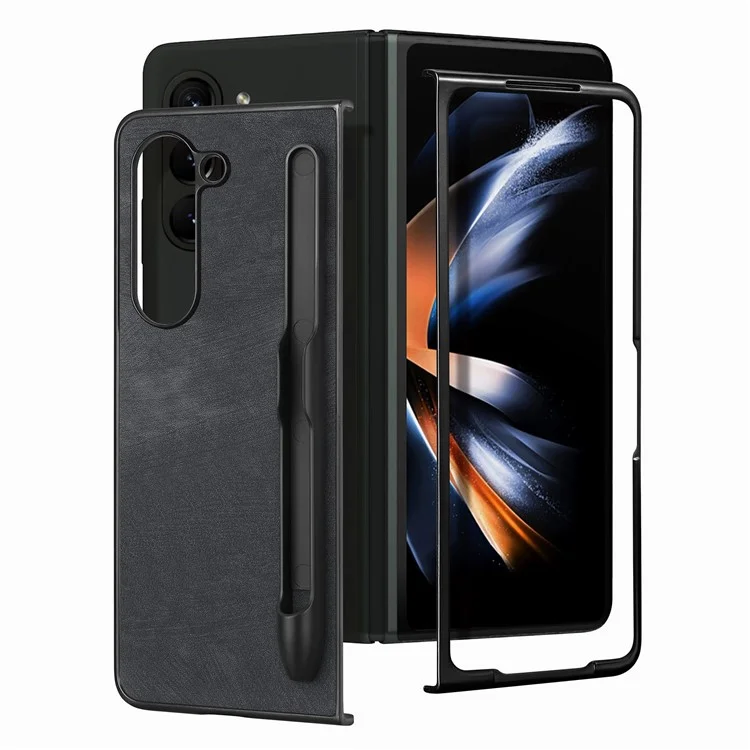 For Samsung Galaxy Z Fold6 5G Case Retro PU Leather+PC Cover with Pen Slot - Black