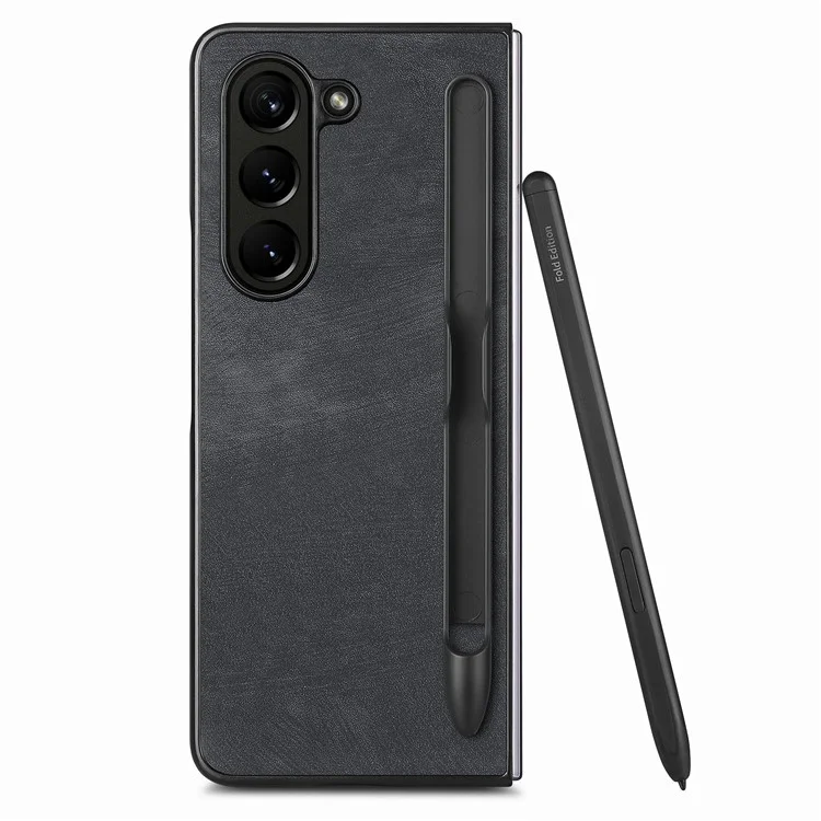 For Samsung Galaxy Z Fold6 5G Case Retro PU Leather+PC Cover with Pen Slot - Black