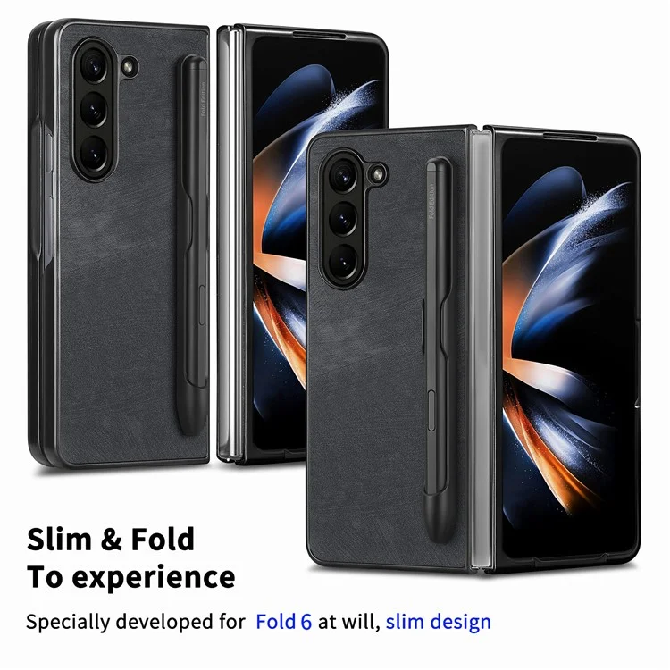 For Samsung Galaxy Z Fold6 5G Case Retro PU Leather+PC Cover with Pen Slot - Black