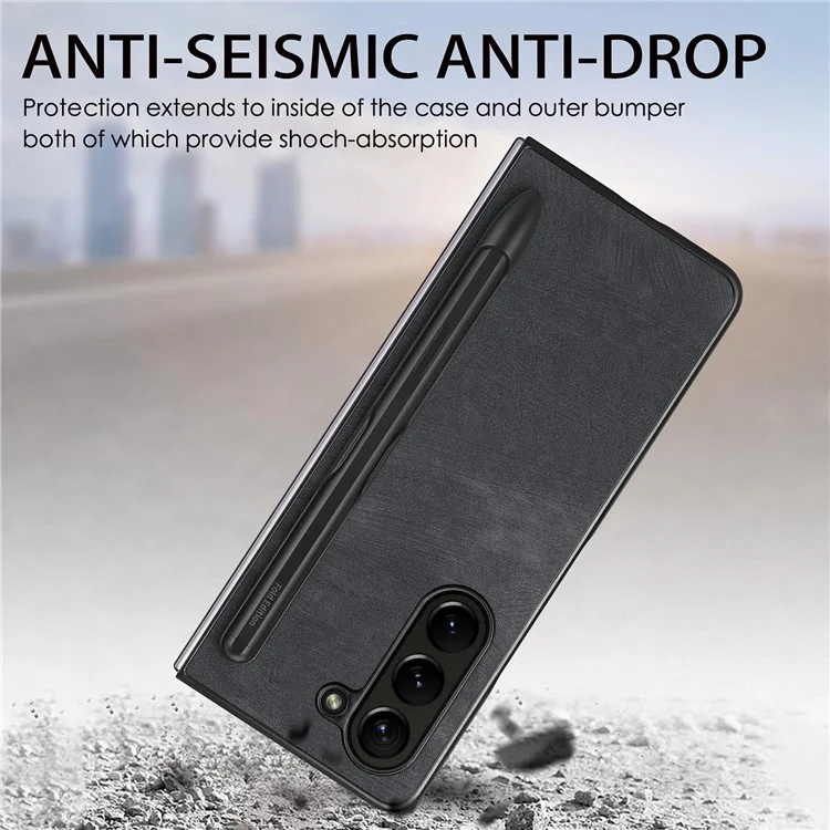For Samsung Galaxy Z Fold6 5G Case Retro PU Leather+PC Cover with Pen Slot - Black