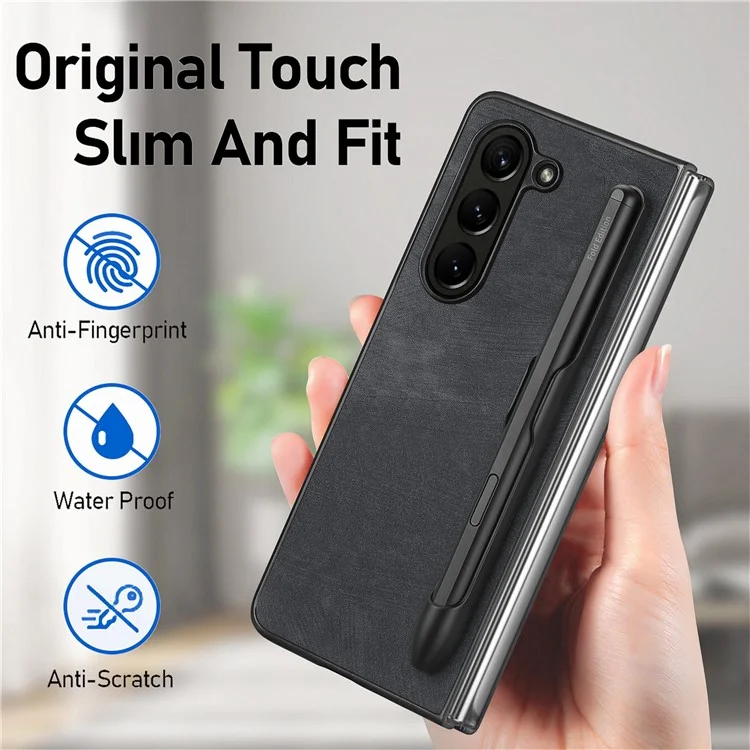 For Samsung Galaxy Z Fold6 5G Case Retro PU Leather+PC Cover with Pen Slot - Black