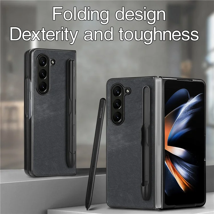 For Samsung Galaxy Z Fold6 5G Case Retro PU Leather+PC Cover with Pen Slot - Black