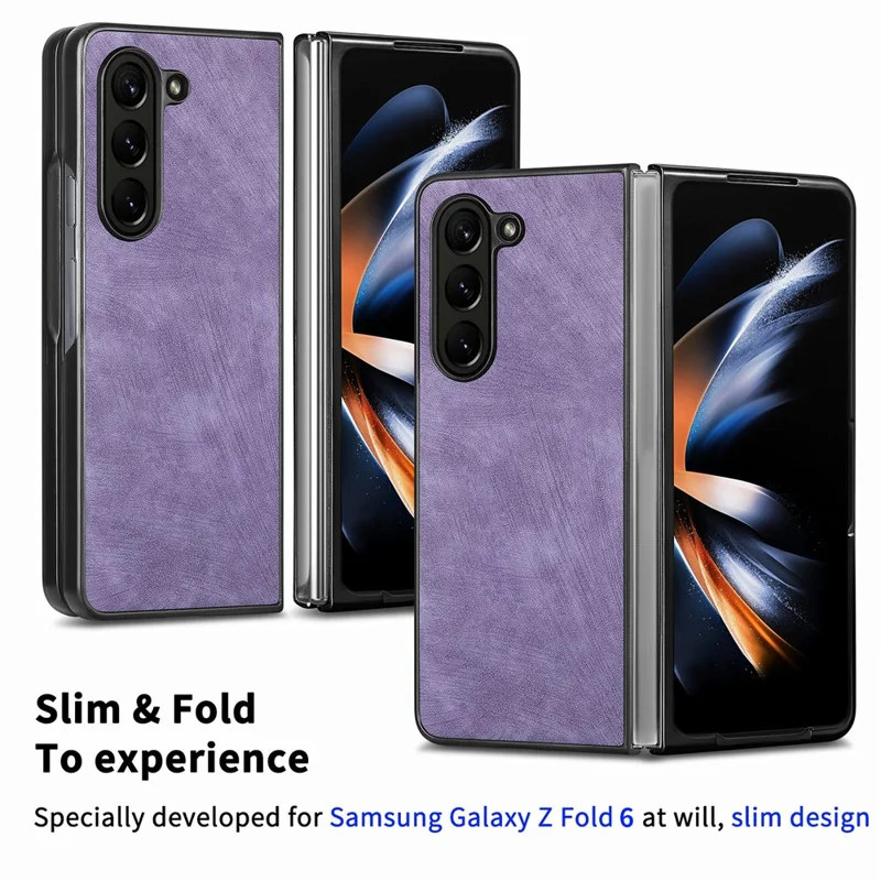 For Samsung Galaxy Z Fold6 5G Case Retro PU Leather Coated PC Folding Phone Cover - Purple