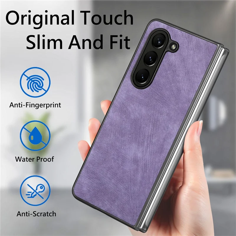 For Samsung Galaxy Z Fold6 5G Case Retro PU Leather Coated PC Folding Phone Cover - Purple