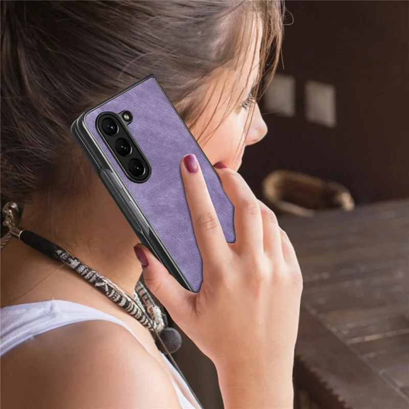 For Samsung Galaxy Z Fold6 5G Case Retro PU Leather Coated PC Folding Phone Cover - Purple