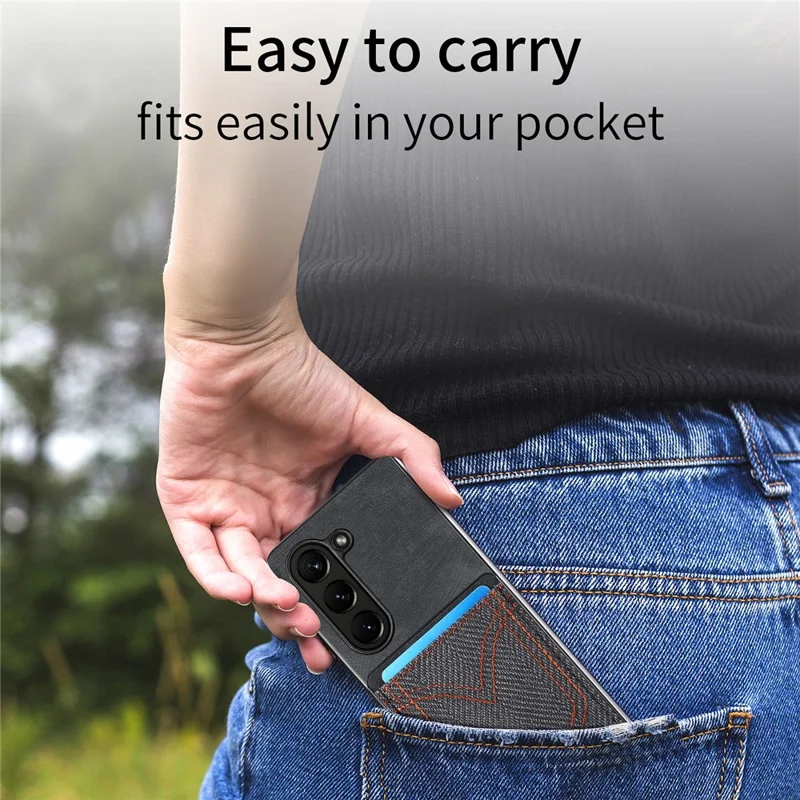 For Samsung Galaxy Z Fold6 5G Case Leather+PC Phone Cover with Denim Texture Card Holder - Black