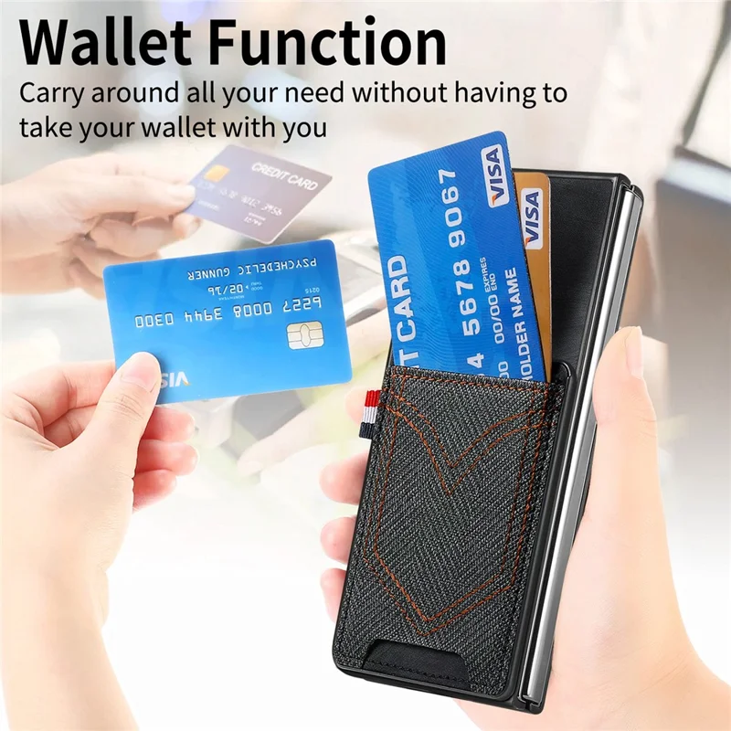 For Samsung Galaxy Z Fold6 5G Case Leather+PC Phone Cover with Denim Texture Card Holder - Black
