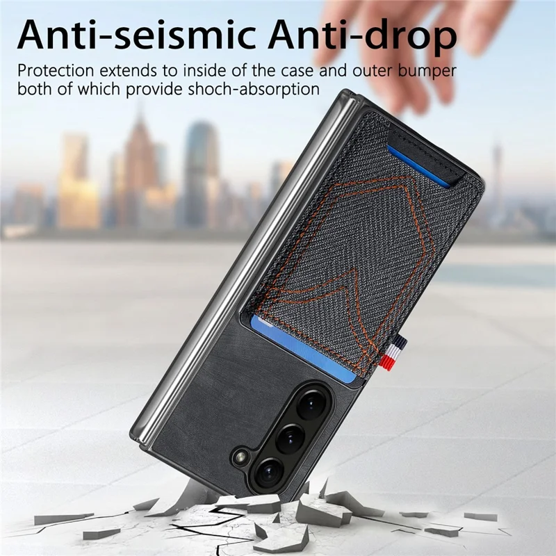 For Samsung Galaxy Z Fold6 5G Case Leather+PC Phone Cover with Denim Texture Card Holder - Black