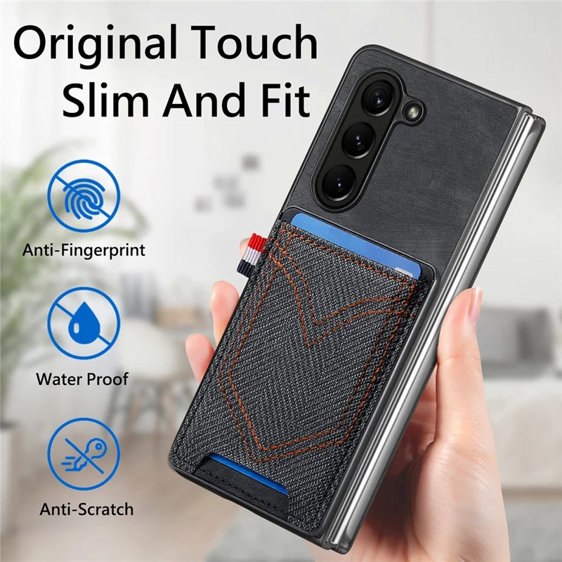 For Samsung Galaxy Z Fold6 5G Case Leather+PC Phone Cover with Denim Texture Card Holder - Black