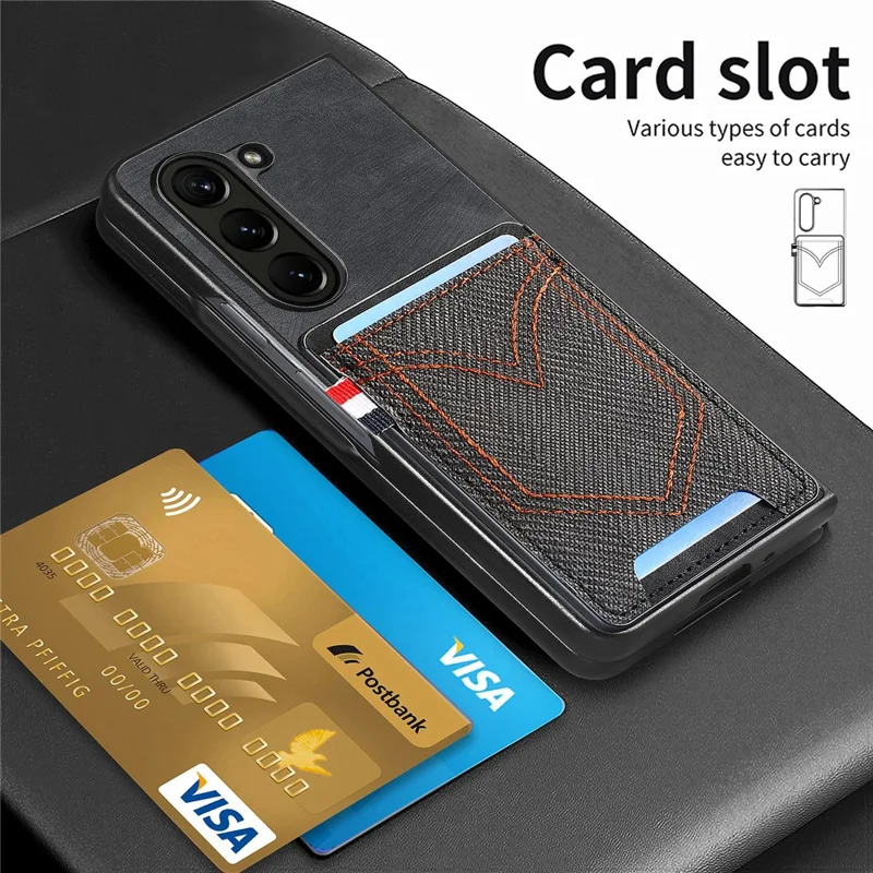 For Samsung Galaxy Z Fold6 5G Case Leather+PC Phone Cover with Denim Texture Card Holder - Black